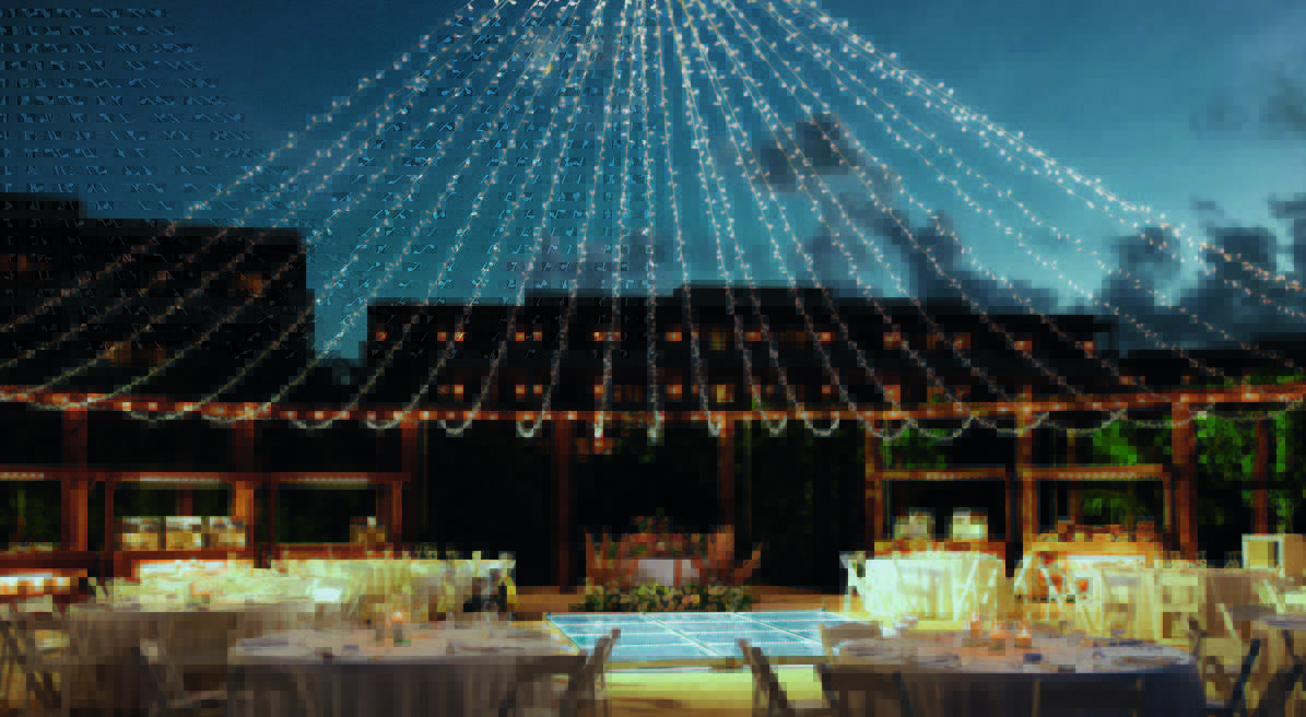 2 be all inclusive Outdoor evening wedding reception with string-light canopy over round tables and a glowing dance floor.