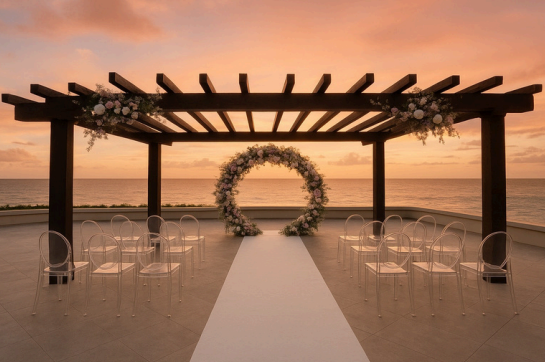 screenshot 20260609 135931 be all inclusive Beach wedding ceremony setup at sunset: a wooden pergola with floral accents, a circular flower arch at the altar, clear chairs, and a white aisle runner toward the ocean.
