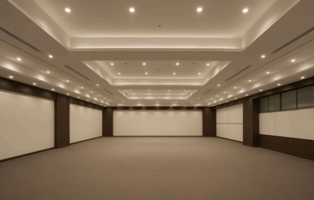 screenshot 20260609 140041 be all inclusive Empty conference hall with bright recessed lighting, cream walls, and a carpeted floor.