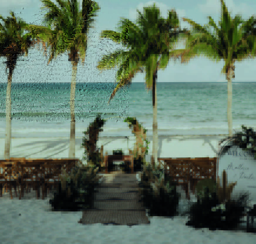 wedding guide 2026 be all inclusive Beach wedding altar setup on sandy shore with palm trees and wooden chairs facing the ocean