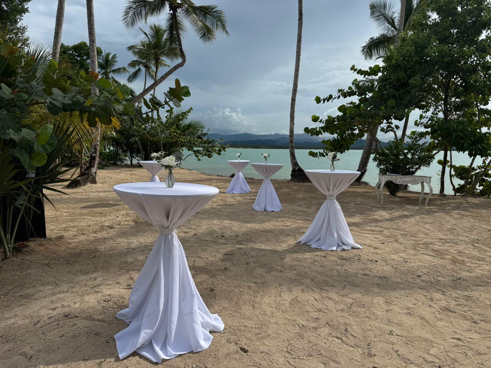 4e8b65508cab447fa31f633b196ab4d5 be all inclusive Beachside event setup with white-draped round cocktail tables and small flower vases, palm trees, and turquoise water in the background.