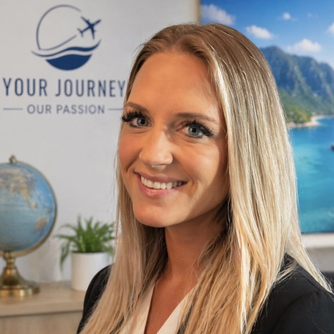 Smiling blonde woman in a black blazer with a travel-themed backdrop showing a globe and blue ocean scenery behind her.